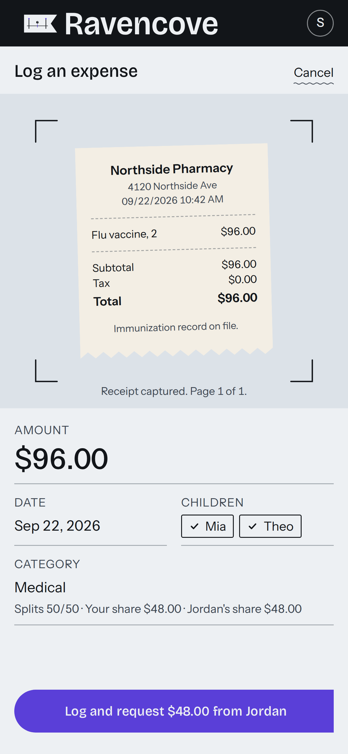 Log an expense on a phone: the Northside Pharmacy receipt inside the camera framing corners filling the top of the screen, then the Amount field reading $96.00 in 32px figures, Date, the Mia and Theo chips, Category Medical with the 50/50 split line, and the iris button Log and request $48.00 from Jordan at the bottom.