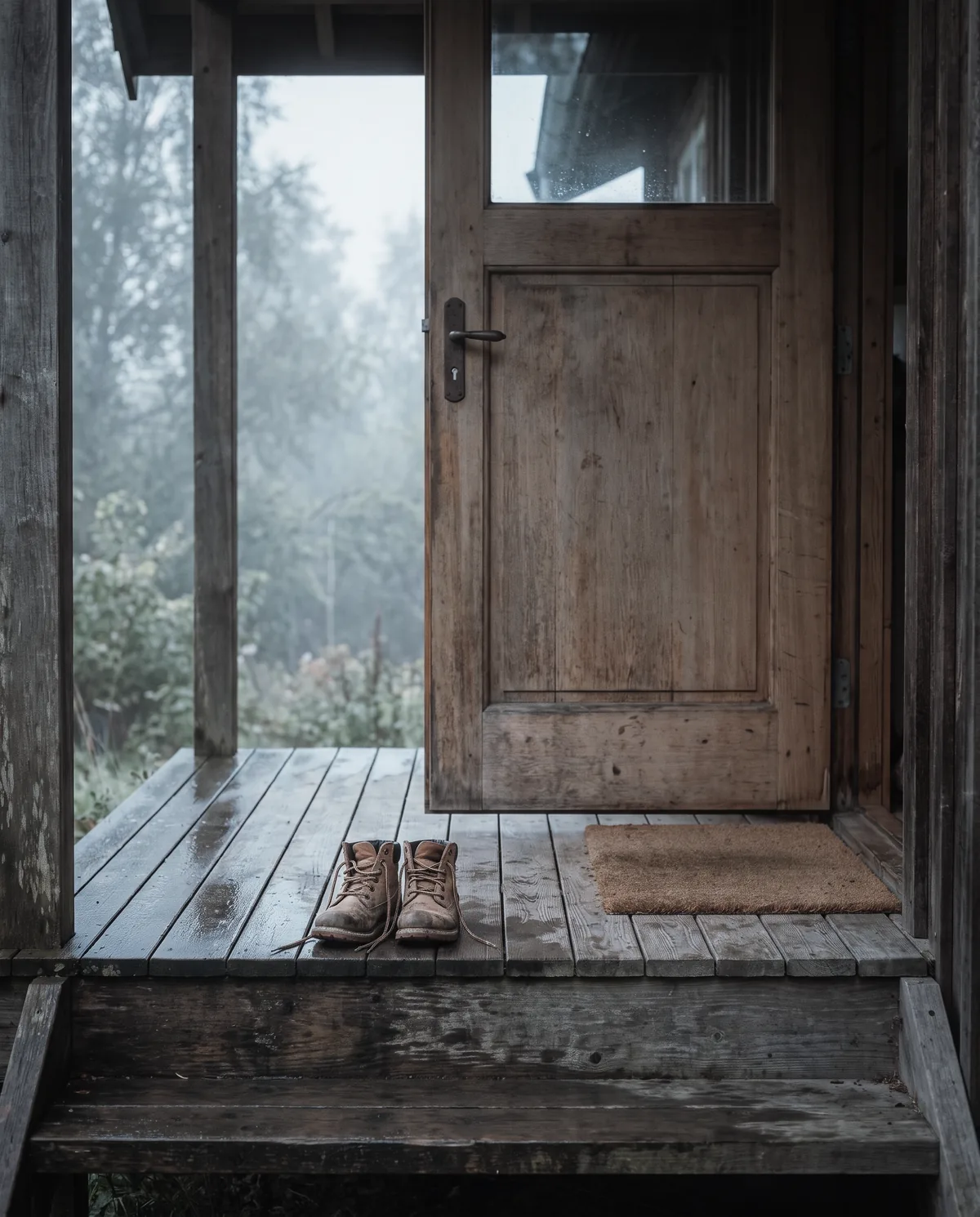 A front door on a porch at 7:40 in the morning, cool light, a small pair of shoes on the step.