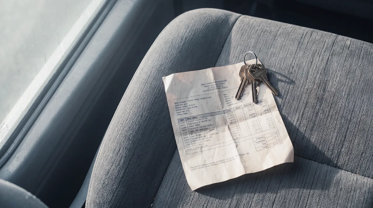 An orthodontist's payment plan sheet resting on a car seat with a set of keys on top.