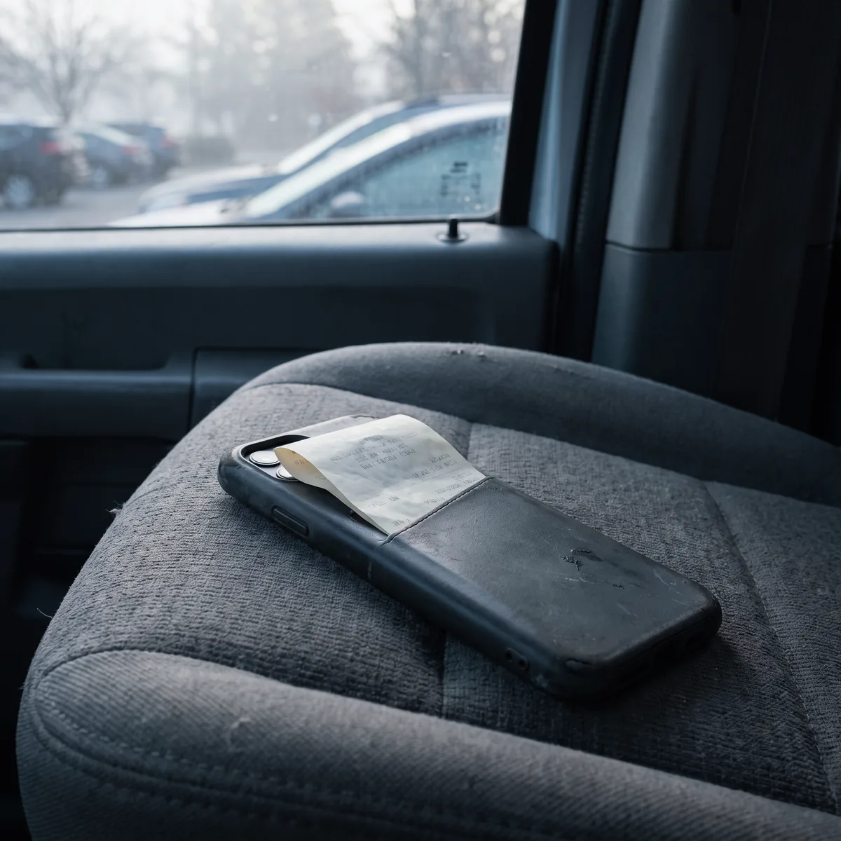 A folded paper receipt tucked into the back of a phone case, on a car seat in flat morning light.