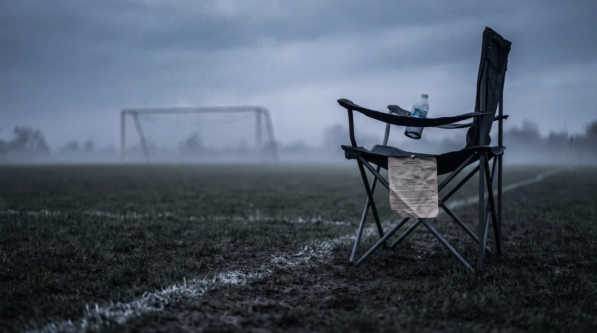 A practice sideline at dusk with a folding chair and a registration form under a water bottle.