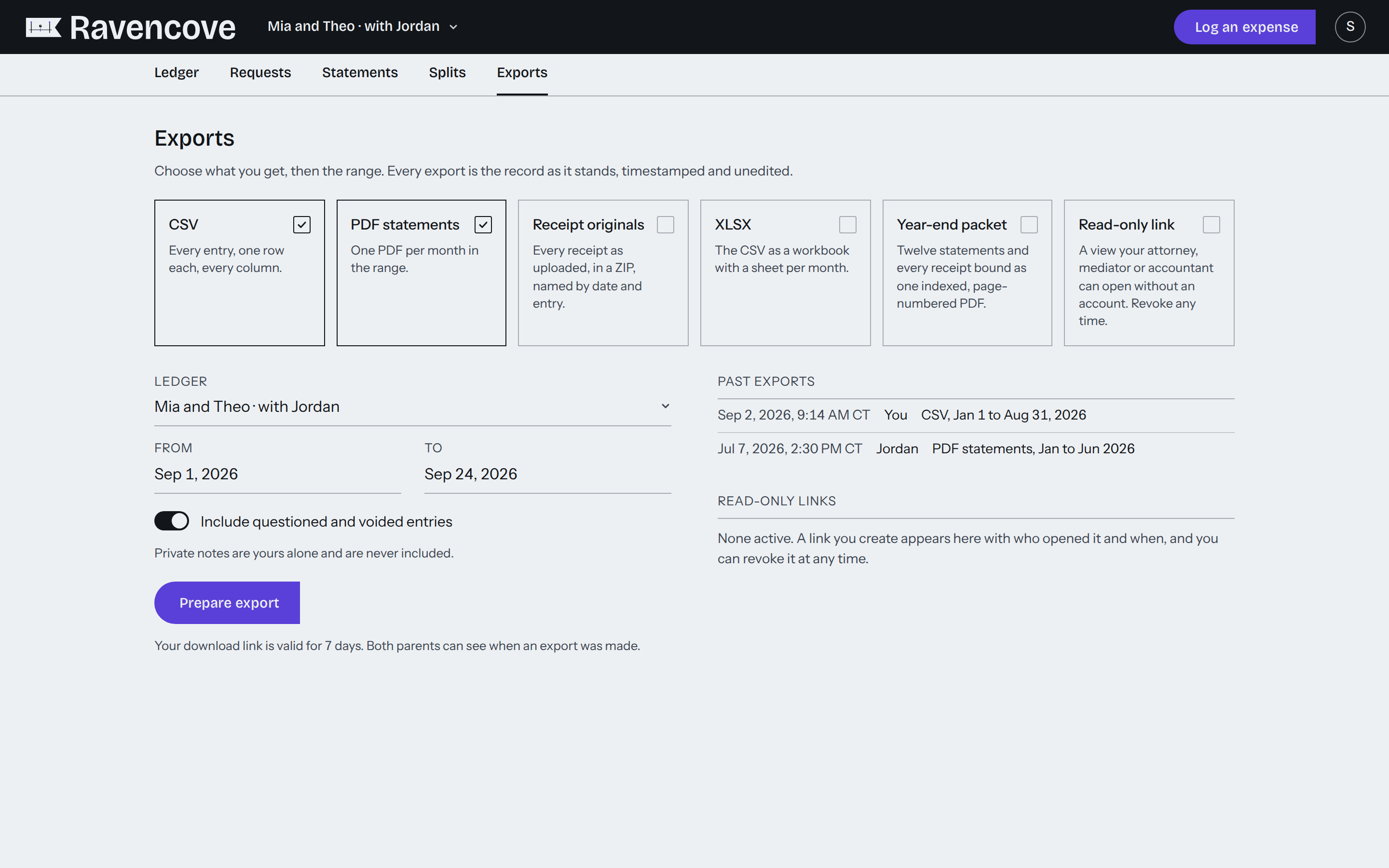 Exports: six hairline tiles in one row for CSV, PDF statements, Receipt originals, XLSX, Year-end packet and Read-only link, with CSV and PDF statements selected; beneath, the ledger and date range Sep 1 to Sep 24, 2026, the switch to include questioned and voided entries, the iris button Prepare export, and at the right the log of past exports by Sam and Jordan.